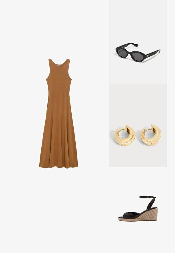 Robe longue sans manches marron en tissu doux, dotée d'un corsage ajusté et d'une jupe évasée. Design simple sans motifs ni accents visibles.; Sandale compensée en cuir noir avec bout ouvert, bride à la cheville et talon plateforme en jute tressée.; Lunettes de soleil ovales noires avec des verres sombres et une monture en plastique brillant. Présente un logo doré sur la branche, offrant un design épuré et moderne.; Paire de créoles épaisses et brillantes en or, au design lisse et arrondi, présentées sur un fond gris clair uni.