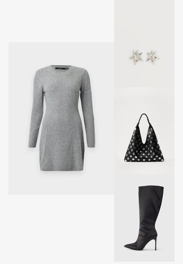 Robe grise en tricot côtelé avec des manches longues et un col rond. Présente un design ajusté et des lignes verticales pour la texture. Tissu doux.; Botte noire haute jusqu'aux genoux en cuir verni lisse et élégant ; bout pointu ; ajustée avec un léger froncé près de la cheville ; talon brillant.; Sac en cuir noir de forme triangulaire, doté de pois métalliques argentés et d'une poignée texturée. Fini lisse dans l'ensemble.; Boucles d’oreilles créoles en forme d’étoile argentée avec une finition lisse et polie sur un fond blanc uni.