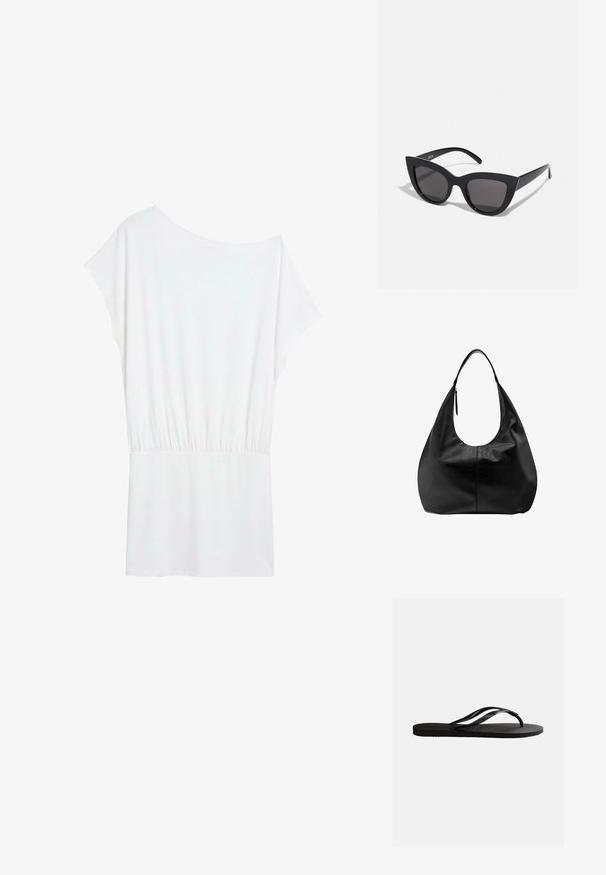 Robe blanche à manches courtes avec une taille élastique et un col légèrement asymétrique sur fond uni.; Sandale tong en caoutchouc noir avec semelle texturée et fines brides en Y sur un fond blanc uni.; Lunettes de soleil noires en forme d'œil de chat avec une finition mate, dotées de verres teintés gris, d'angles aigus et de branches élégantes. Nom de la marque visible sur la branche intérieure.; Sac à main hobo décontracté en cuir noir avec une seule bandoulière large et un détail de tirette de fermeture éclair sur fond blanc uni.