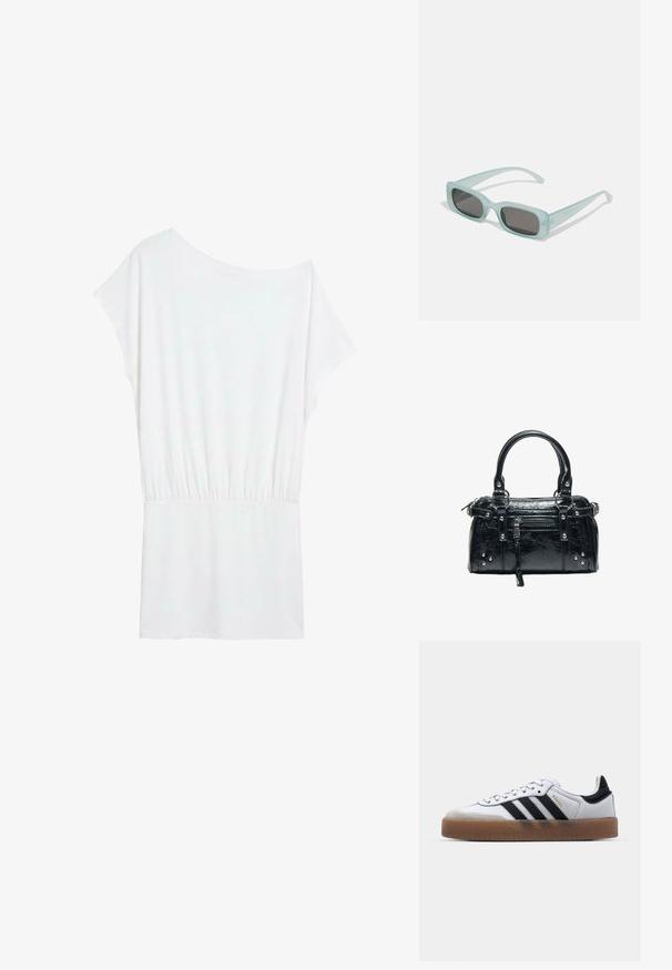 Robe blanche à manches courtes avec une taille élastique et un col légèrement asymétrique sur fond uni.; Baskets en cuir blanc avec des rayures noires, semelle extérieure en caoutchouc beige, bout rond, fermeture lacée et embout en suède gris doux.; Une paire de lunettes de soleil rectangulaires avec des montures translucides bleu clair et des verres gris foncé, présentant des branches droites et des détails matériels minimaux.; Sac à main en cuir noir avec deux poignées, poche avant zippée, clous argentés et surface texturée isolée sur fond blanc.