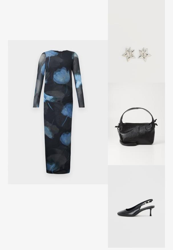 Robe à manches longues en tissu noir transparent avec un motif floral bleu. Coupe ajustée avec une taille froncée et une silhouette droite jusqu'à la cheville.; Chaussure slingback noire en cuir à bout pointu avec un petit talon aiguille bas et une bride réglable à boucle sur un fond clair uni.; Sac à main en cuir noir au design structuré, avec une poignée arrondie et une bandoulière amovible. Présente une texture lisse et un éclat subtil.; Boucles d’oreilles créoles en forme d’étoile argentée avec une finition lisse et polie sur un fond blanc uni.