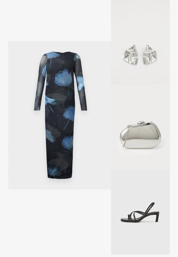 Robe à manches longues en tissu noir transparent avec un motif floral bleu. Coupe ajustée avec une taille froncée et une silhouette droite jusqu'à la cheville.; Sandale noire à lanières avec un bout carré et un petit talon bloc. Elle présente plusieurs fines lanières et une sangle de cheville ajustable. Fabriquée en cuir lisse.; Pochette en métal argenté avec une forme arrondie et lisse. Dispose d'une fermeture à clip et d'une bandoulière détachable. Surface réfléchissante sans motifs.; Boucles d'oreilles en métal argenté avec un design ondulé et sculptural, présentant une finition polie et des formes irrégulières, mettant en valeur une esthétique contemporaine.