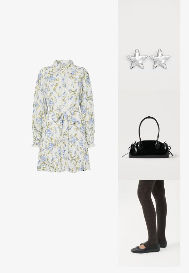 Robe florale blanche avec des fleurs bleues et vertes, dotée d'un col, d'une fermeture à boutons sur le devant, de manches longues avec des poignets élastiques et d'une ceinture à la taille.; Jambes portant des leggings côtelés foncés associés à des ballerines noires avec de petits détails en nœud sur fond blanc.; Petit sac à main noir brillant avec deux longues anses et des détails à cordon sur les côtés sur un fond clair uni.; Boucles d'oreilles argentées en forme d'étoile, avec une surface lisse et brillante. Chaque boucle d'oreille possède cinq pointes et des détails subtils de texture de surface.