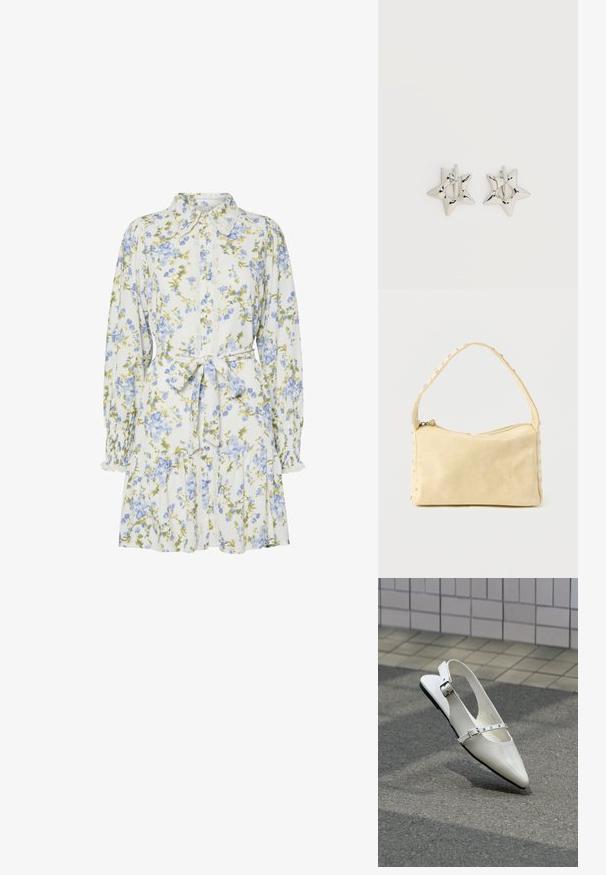 Bloemendress in het wit met blauwe en groene bloemen, voorzien van een kraag, knoopsluiting aan de voorkant, lange mouwen met elastische manchetten en een tailleband.; Witte puntige slingback platte schoen met twee zilveren gespen, getoond buiten op een getextureerde ondergrond en betegelde muur als achtergrond.; Kleine beige leren handtas met een enkele band en zilveren studs langs de randen en band, tegen een effen achtergrond.; Zilverkleurige stervormige oorringen met een gladde, gepolijste afwerking op een effen witte achtergrond.