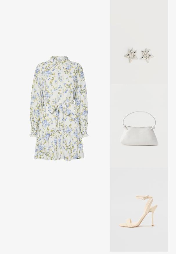Robe florale blanche avec des fleurs bleues et vertes, dotée d'un col, d'une fermeture à boutons sur le devant, de manches longues avec des poignets élastiques et d'une ceinture à la taille.; Sandale à talon haut beige avec une sangle fine autour de la cheville et un bout carré. Matériau synthétique lisse, design minimaliste et talon aiguille.; Sac à main en cuir tressé blanc avec poignée arrondie et extrémités de lanière nouées, présenté sur un fond uni.; Boucles d’oreilles créoles en forme d’étoile argentée avec une finition lisse et polie sur un fond blanc uni.