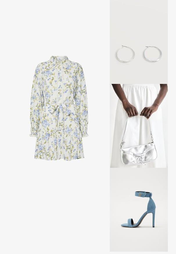 Robe florale blanche avec des fleurs bleues et vertes, dotée d'un col, d'une fermeture à boutons sur le devant, de manches longues avec des poignets élastiques et d'une ceinture à la taille.; Sandale à talon haut en denim bleu avec une bande de cheville et une fermeture à bouton. Caractéristiques d'un bout carré et d'une semelle noire pour le contraste.; Sac à main en métal argenté avec un détail à lacets, arborant un design épuré et une courte sangle. Le sac est tenu dans les mains, mettant en valeur sa texture.; Boucles d’oreilles créoles en métal argenté avec une surface lisse légèrement incurvée et des fermoirs à clapet sur un fond blanc uni.