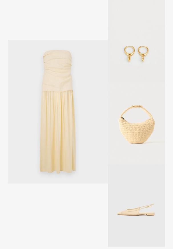 Robe sans bretelles, longueur sol en coton jaune clair. Corsage froncé avec jupe plissée pour un tombé doux. Texture lisse et design minimal.; Chaussure plate slingback en beige clair avec une tige en maille, un bout pointu et un petit talon. Dotée d'une sangle ajustable pour un bon maintien.; Sac à main beige tissé avec corps arrondi, fermeture éclair et une sangle courte et épaisse dans un style crochet simple et texturé.; Boucles d'oreilles en or avec une finition métallique lisse, ornées d'un charme en forme de goutte suspendu à chaque anneau. Design simple avec une texture brillante.