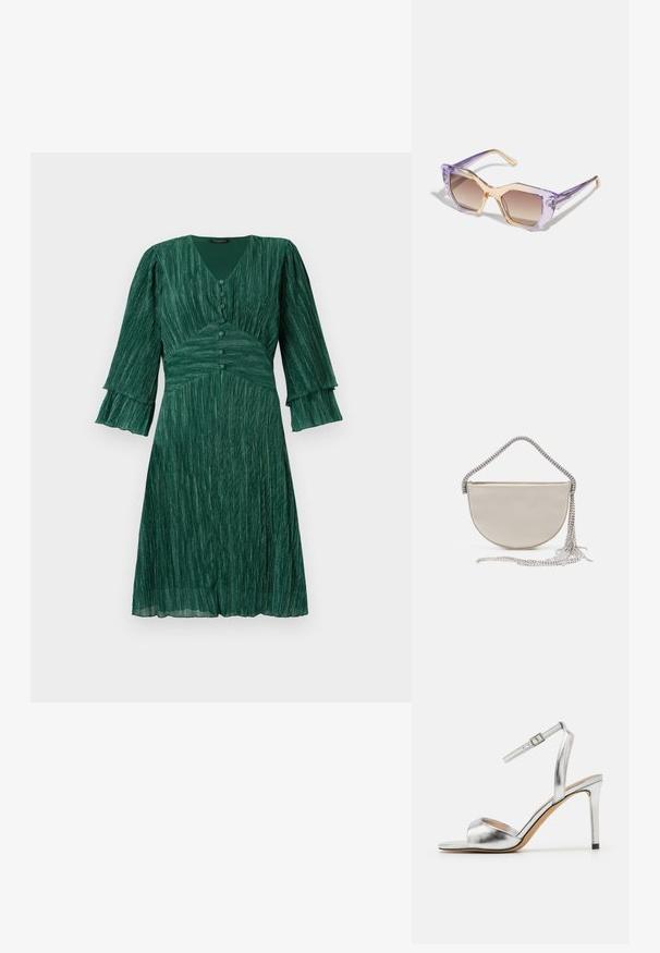 Groen geplooid jurk met een V-hals, drie-knoopsluiting en uitlopende mouwen. Gemaakt van een gestructureerd materiaal, heeft het een fitted taille en een vloeiende rok.; Zilveren hoge sandaal met open teen, metallic textuur en verstelbare enkelband. Heeft een taps toelopende naaldhak en een gladde binnenzool.; Hexagonvormige zonnebril met een doorschijnend lavendelkleurig montuur met perzikkleurige accenten en een gradient bruin glas. Glanzende afwerking op het montuur en de armen.; Halve maan clutch bag in beige satijn met een sprankelende zilveren schouderband en franjes. Gladde textuur met een minimalistisch ontwerp.