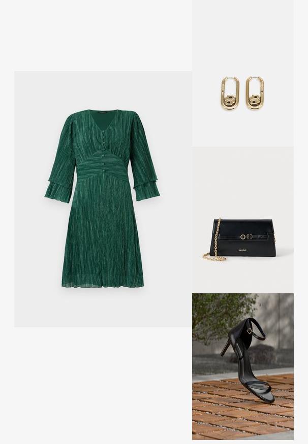 Vestido verde con pliegues, escote en V, cierre de tres botones y mangas acampanadas. Hecho de un material texturizado, tiene una cintura ajustada y una falda fluida.; Sandalia negra de tacón alto con correa en el tobillo, parece suspendida sobre un suelo de baldosas de madera al aire libre, con un fondo difuminado de vegetación y piedra.; Bolso de mano de cuero negro con una correa de cadena dorada, forma rectangular, detalles en relieve en la solapa y logo dorado en la parte frontal.; BOSS DOUBLE B SWING - Pendientes - gold-coloured