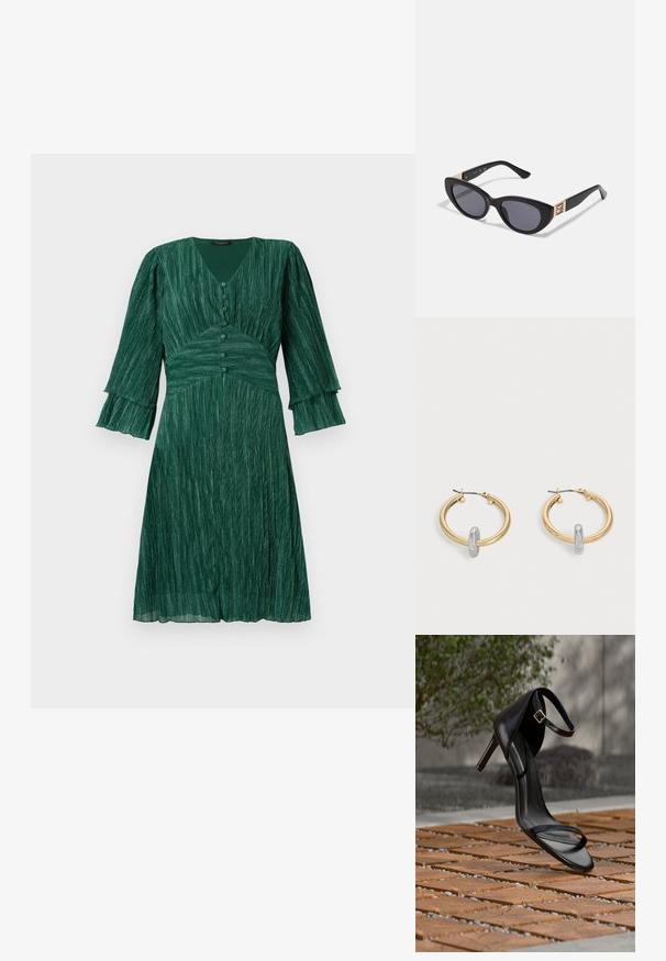 Grünes, plissiertes Kleid mit V-Ausschnitt, dreiknöpfigem Verschluss und weit ausgestellten Ärmeln. Hergestellt aus einem strukturierten Material, hat es eine taillierte Taille und einen fließenden Rock.; Schwarze Sandalette mit hohem Absatz und Knöchelriemen schwebt über einem Holzboden im Freien vor verschwommenem Grün und Steinhintergrund.; Guess Sonnenbrille - shiny black; Paar goldfarbene Creolen mit kleinem silberfarbenem Schlaufen-Detail an jeder, vor hellem grauem Hintergrund präsentiert.