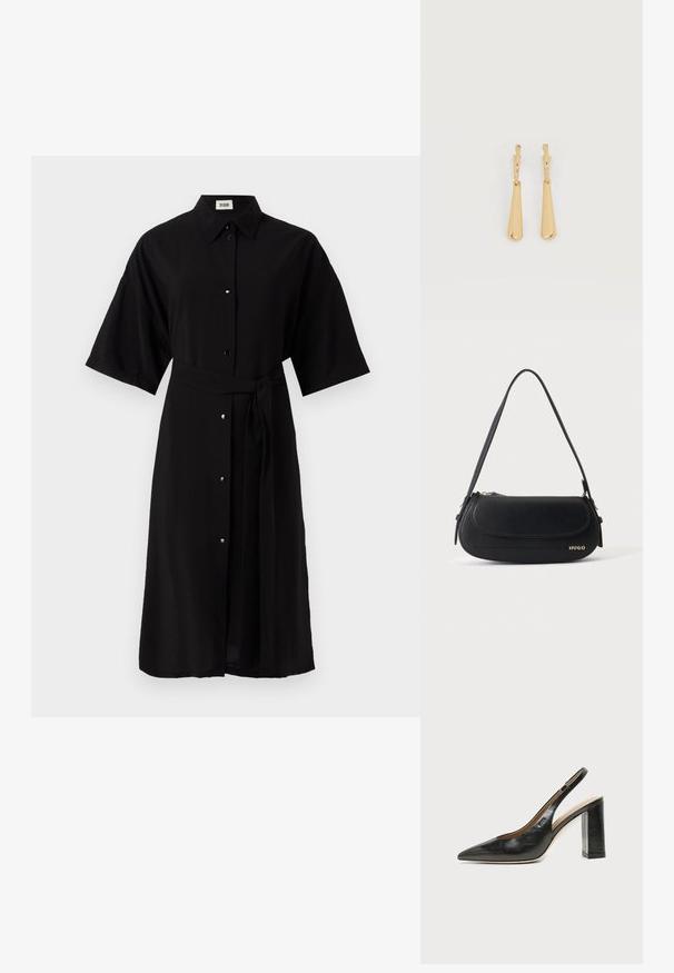 Robe chemise noire en tissu léger, dotée d'un col, de manches courtes, de boutons sur le devant et d'une ceinture en tissu assorti.; Chaussure slingback en cuir noir à bout pointu avec un talon bloc haut et une doublure intérieure beige sur un fond clair uni.; Sac à épaule en cuir noir avec rabat incurvé, logo doré "HUGO" sur le devant, et une bandoulière réglable.; Boucles d'oreilles pendantes en ton or avec des pendentifs lisses en forme de goutte allongée suspendus à de petites attaches en forme d'anneau sur un fond blanc.