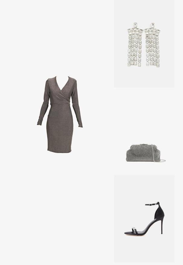 Vestido ajustado de manga larga en tejido metálico gris con diseño envolvente y escote profundo, que presenta una textura suave y una silueta entallada.; Sandalia de satén negro con tacón alto, una delgada correa, hebilla en el tobillo y un adorno decorativo de pedrería en la correa delantera.; Reiss ADALINE EMBELLISHED - Clutch - silver coloured; Pendientes de gota de cristal con un acabado en tono plateado, adornados con múltiples piedras recortadas en forma rectangular y cuadrada dispuestas en filas en cascada.