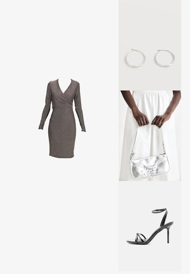 Vestido ajustado de manga larga en tejido metálico gris con diseño envolvente y escote profundo, que presenta una textura suave y una silueta entallada.; Sandalia de tacón alto de charol negro con tiras finas que cruzan los dedos y una correa con hebilla en el tobillo sobre un fondo blanco.; Bolso metálico plateado con detalle de cordones, que presenta un diseño elegante y una correa corta. El bolso está sostenido con las manos, mostrando su textura.; Pendientes de aro de metal plateado con superficie lisa y ligeramente curvada y cierre de tipo mosquetón sobre un fondo blanco liso.