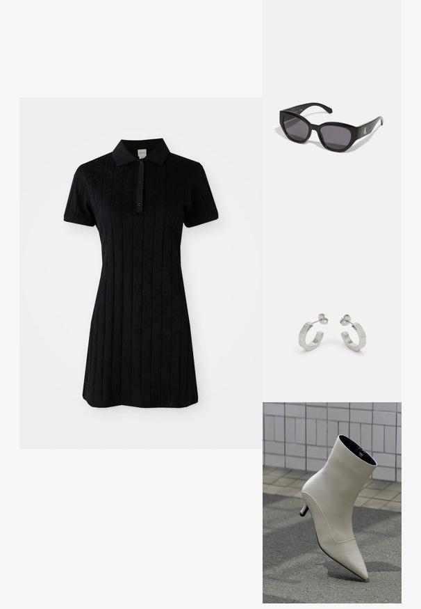 Schwarzes Polokleid mit kurzen Ärmeln, ausgestattet mit einem Kragen und einem strukturierten Muster aus Rauten und Kreisen. Knopfschluss am Hals.; Off-white Leder-Stiefel mit spitz zulaufender Zehe und kleinem Kittenabsatz, der auf einem Außenpflaster vor einer gefliesten Wand ruht.; Schwarze Sonnenbrille mit einem schlanken, kantigen Design, dunklen Gläsern und einem kontrastierenden silbernen Logo an der Seite. Glatte Kunststoffoberfläche.; Silberne Metall-Hoops mit strukturiertem Design, ausgestattet mit einem kleinen Steckverschluss und Branding an einem Hoop. Abgerundete Form mit glänzender Oberfläche.
