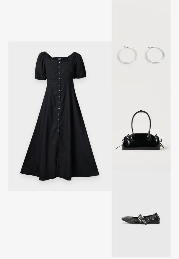 Robe midi noire avec manches bouffantes, encolure carrée et fermeture boutonnée devant, cintrée à la taille avec une jupe évasée.; Chaussure plate en cuir noir avec un nez pointu, des détails froncés autour de l'ouverture et un accent en boucle argentée sur la bride ajustable.; Petit sac à main noir brillant avec deux longues anses et des détails à cordon sur les côtés sur un fond clair uni.; Boucles d’oreilles créoles en métal argenté avec une surface lisse légèrement incurvée et des fermoirs à clapet sur un fond blanc uni.