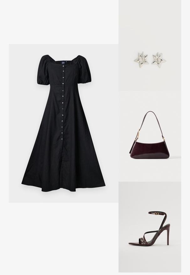 Robe midi noire avec manches bouffantes, encolure carrée et fermeture boutonnée devant, cintrée à la taille avec une jupe évasée.; Sandale à talons hauts en cuir verni bourgogne avec une bride de cheville, bout pointu et trois bandes horizontales sur le pied. Détail de boucle dorée.; Sac à main en cuir brun foncé brillant avec une bandoulière simple et des détails en métal doré sur un fond uni.; Boucles d’oreilles créoles en forme d’étoile argentée avec une finition lisse et polie sur un fond blanc uni.