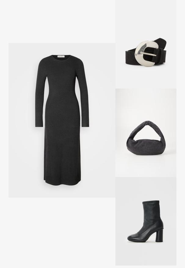Langärmliges, dunkelgraues Strickkleid mit taillierter Silhouette, rundem Ausschnitt und Seitenschlitzen für Bewegungsfreiheit. Angenehme, glatte Textur.; Schwarze Lederstiefel bis zur Mitte der Wade mit runder Zehenpartie und einem klobigen hohen Absatz, vor einem schlichten hellgrauen Hintergrund dargestellt.; Dunkelgraue Stofftasche mit einem gebogenen Griff, weicher Textur und runder Form. Keine sichtbaren Beschläge oder Verzierungen.; Schwarzer Wildledergürtel mit einer großen, polierten ovalen silbernen Schnalle und einer strukturierten Oberfläche. Verfügt über ein klassisches Design mit einem Standardverschluss.