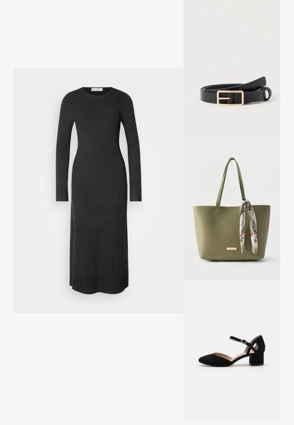Langärmliges, dunkelgraues Strickkleid mit taillierter Silhouette, rundem Ausschnitt und Seitenschlitzen für Bewegungsfreiheit. Angenehme, glatte Textur.; Schwarzer Wildleder-Pumps mit spitzem Kopf und breitem Blockabsatz. Verfügt über einen verstellbaren Knöchelriemen mit einer silbernen Schnalle.; Olivgrüne Tragetasche mit zwei Griffen und einem mit Blumenmuster bedruckten Schal, der an einem Griff befestigt ist.; Schwarzer Ledergürtel mit einer rechteckigen Schnalle aus goldfarbenem Metall, flachem Design und glatter Textur, mit einem dezenten, gebogenen Spitzendetail.
