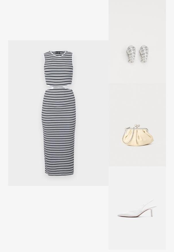 Vestido sin mangas a rayas con rayas horizontales en azul marino y blanco, detalle de cintura con corte y diseño ajustado. Material suave y elástico.; Zapato femenino de cuero blanco con tira trasera, punta puntiaguda, tacón bajo tipo kitten y un pequeño lazo decorativo en la parte superior, mostrado en perfil lateral.; Clutch de cuero beige plisado con un marco de metal plateado, que cuenta con dos broches decorativos redondos y una correa de cadena plateada.; Pendientes de clip plateados con un diseño en espiral, que presentan una textura metálica suave y formas redondeadas. Sin adornos ni patrones visibles.