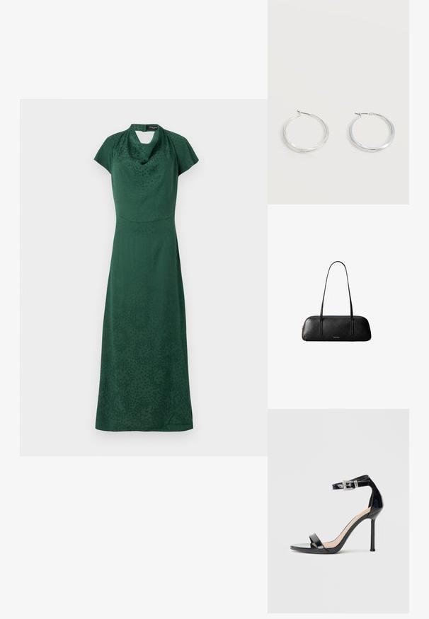 Grøn kjole lavet af glat stof, med en cowl-neck og korte ærmer, samt en lige silhuet med diskrete mønstre.; Sort højhælet sandal i laklæder med ankelrem. Har minimalistisk design, åben tå og spænde med rhinsten-detaljer.; Sort rektangulær læderhåndtaske med lange tynde stropper og gylden "Calvin Klein"-logo på midten foran.; Sølvfarvede metaloorringe med glat, let buet overflade og låsemekanisme på en ensfarvet hvid baggrund.