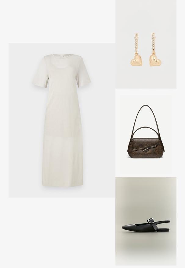 Robe beige clair en tissu doux, avec des manches courtes et un col rond, présentant une silhouette droite jusqu'aux chevilles.; Chaussure plate slingback noire à bout pointu, boucle argentée et petit talon sur fond neutre.; Sac à main en cuir brun foncé texturé avec deux anses, forme rectangulaire arrondie, et fermeture à bouton circulaire argenté sur le rabat avant.; Boucles d'oreilles en or avec pendentifs en forme de cœur, agrémentées d'une rangée de petits strass sur le cercle. Surface lisse et réfléchissante.