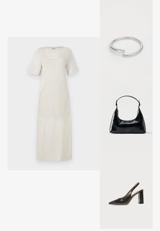 Lichtbeige jurk gemaakt van zachte stof, met korte mouwen en een ronde halslijn, met een rechte, enkellange silouet.; Zwarte leren slingback schoen met spits toelopend neusje, hoge blokhak en beige binnenvoering tegen een effen lichte achtergrond.; Zwarte glanzende Calvin Klein handtas met gouden rits en korte band tegen een effen witte achtergrond.; Calvin Klein SPIRAL - Armband - silver-coloured