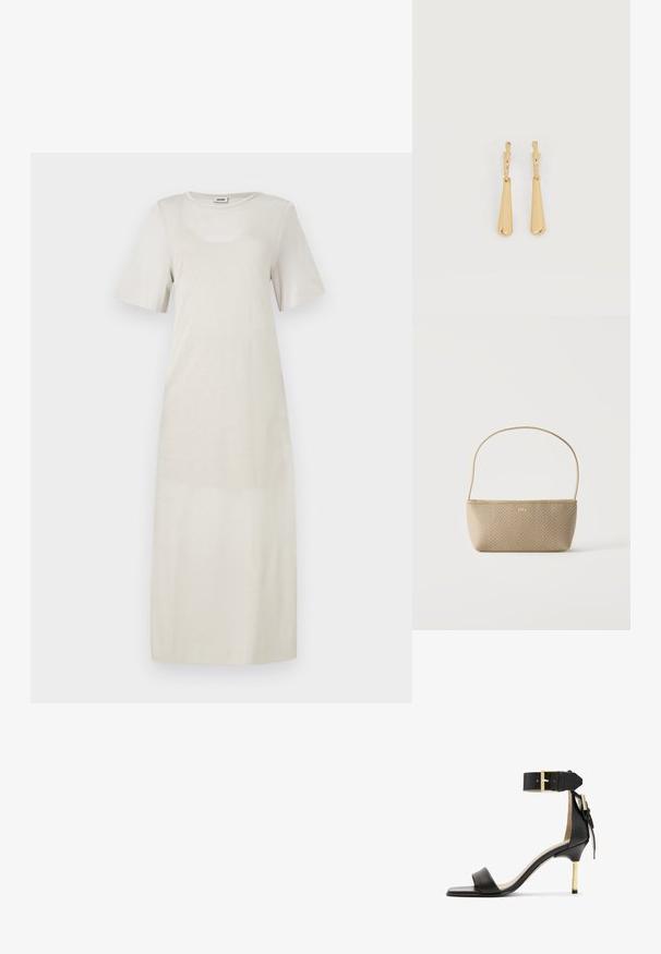 Robe beige clair en tissu doux, avec des manches courtes et un col rond, présentant une silhouette droite jusqu'aux chevilles.; Sandale à talon en cuir noir avec un bout carré, une bride de cheville dotée d'une boucle en or et un talon métallique fin. Texture lisse, design minimaliste.; Sac à main tissé beige avec fine bandoulière et petit logo doré "BOSS" à l'avant, présenté sur fond blanc uni.; Boucles d'oreilles pendantes en ton or avec des pendentifs lisses en forme de goutte allongée suspendus à de petites attaches en forme d'anneau sur un fond blanc.