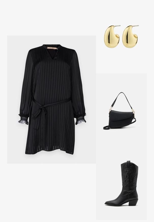 Vestido negro con rayas verticales, escote en V, mangas largas con puños acampanados y un cinturón de tela que acentúa la cintura. Textura suave.; Botas de vaquero de cuero negro con punta afilada, patrones en relieve en espiral y un tacón de altura media. Presentan una lengüeta para facilitar el uso.; Bolso de mano de cuero negro con un acabado texturizado, que cuenta con una sola correa para el hombro y acentos de hardware dorado. El diseño es elegante y minimalista.; Pendientes de stud en tono dorado con una superficie suave y pulida, que presentan una forma abstracta en forma de lágrima. Hardware de metal simple para la sujeción.