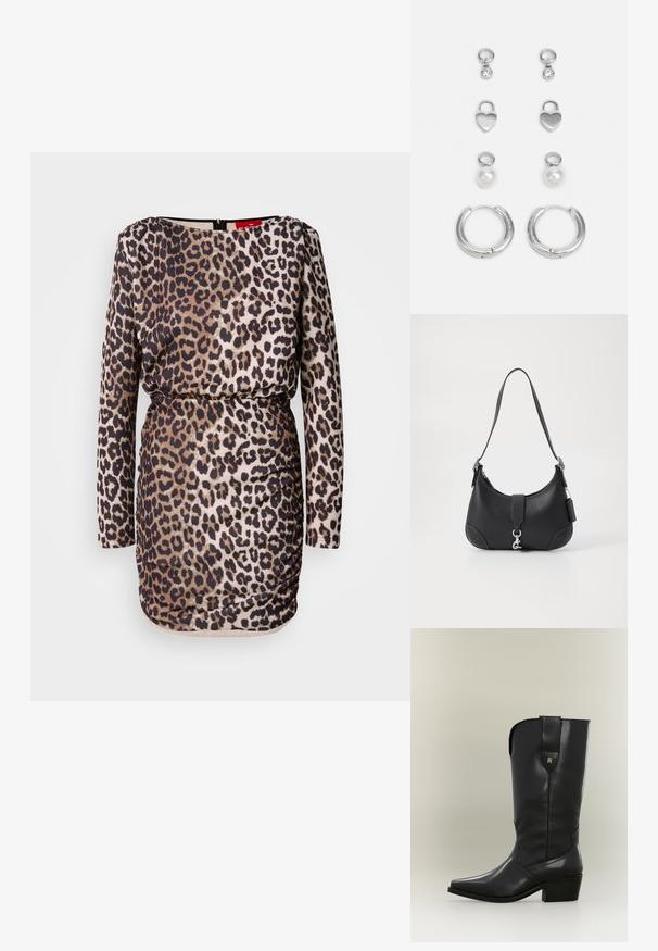 Leopardprint jurk met lange mouwen, ronde halslijn, geplisseerde details en een aangesloten silhouet. Gemaakt van glad, rekbaar materiaal.; Hoge zwarte leren cowboylaars met spitse neus, stevige hak en treklus met een klein gouden logo.; Zwarte leren handtas met een gebogen vorm, bovenhandvat, zilveren hardware en contrasterende stiksels. Bevat een voorstrap en stikselaccenten.; Drie paar zilveren oorbellen: korte studs met duidelijke stenen, hartvormige hangers en grote creolen met een gestructureerde afwerking.