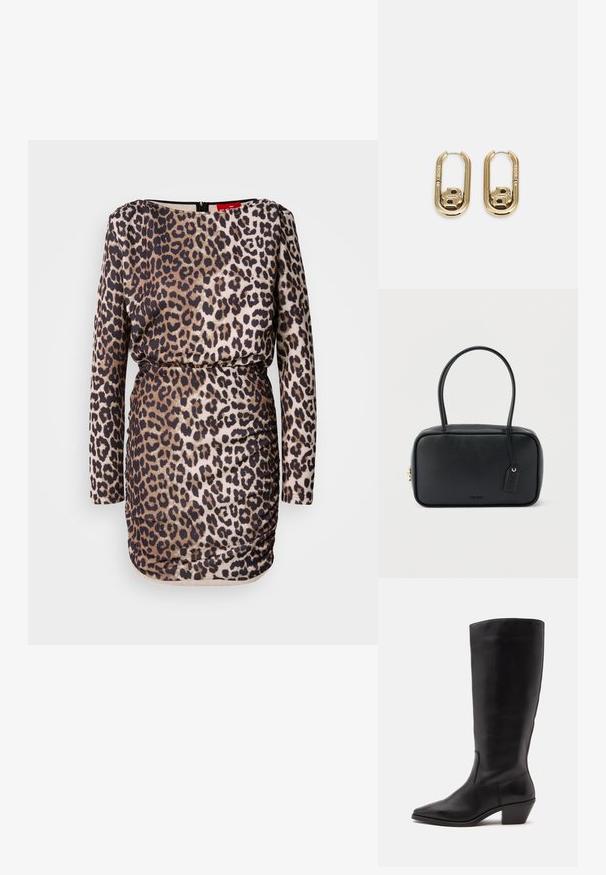 Vestido de estampado de leopardo con mangas largas, escote redondo, detalles fruncidos y silueta ajustada. Fabricado con un tejido suave y elástico.; Bota de cuero negra hasta la mitad de la pantorrilla con puntera puntiaguda y tacón bajo inclinado sobre un fondo claro y liso.; Bolso rectangular negro con asas dobles redondeadas, cremallera dorada y logo "HUGO" en relieve en el frente con etiqueta de cuero adjunta.; BOSS DOUBLE B SWING - Pendientes - gold-coloured