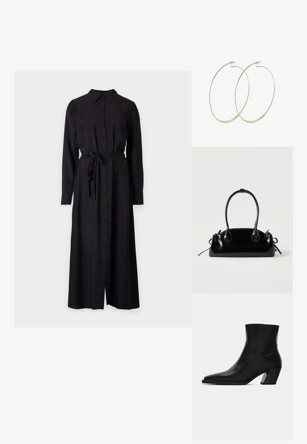Vestido negro de manga larga con botones y cuello, cinturón de lazo en la cintura y una silueta recta. Confeccionado en una tela suave y texturizada.; Bota de tobillo de cuero negro con punta afilada, una silueta elegante y un tacón cuadrado grueso. Textura suave con detalles de costura mínimos.; Pequeño bolso negro brillante con dos asas largas y detalles de cordón lateral sobre un fondo claro liso.; Pilgrim Pendientes - gold-coloured
