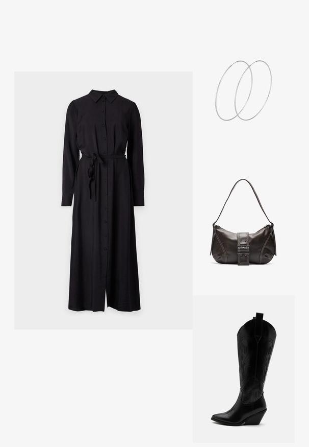 Vestido negro de manga larga con botones y cuello, cinturón de lazo en la cintura y una silueta recta. Confeccionado en una tela suave y texturizada.; Bota de vaquero de cuero negro con punta puntiaguda, tacón bloqueado inclinado, costuras decorativas y lengüetas en la parte superior sobre fondo blanco.; Bolso de hombro de cuero marrón con forma curva, que presenta un prominente detalle de hebilla, costuras en contraste y una sola correa para el hombro.; Pendientes de aro plateados con un diseño minimalista. Forma circular, textura suave y perfil delgado. Livianos con un acabado pulido.