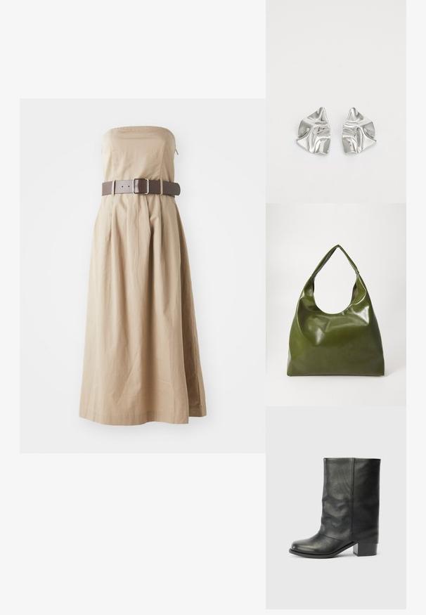 Strapless beige maxi kjole med tætsiddende liv, samlet skirt og bred brun bælte med firkantet spænde. Lavet af letvægtigt stof.; Sort læderstøvle til midt på læggen med spids tå og blokhæl, stående mod en ensfarvet lys grå baggrund.; Grøn læder hobo taske med en slouchy design, buet håndtag og glat tekstur. Indeholder ingen synlig hardware eller accenter.; Sølvmetal øreringe med et bølgende, skulpturelt design, der har en poleret overflade og uregelmæssige former, hvilket fremhæver en moderne æstetik.