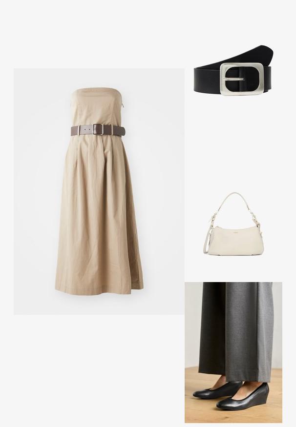 Strapless beige maxi kjole med tætsiddende liv, samlet skirt og bred brun bælte med firkantet spænde. Lavet af letvægtigt stof.; Sorte læder wedgesko med en rund tå og glat tekstur, parret med grå vide bukser, placeret på et trægulv.; Cremefarvet læderhåndtaske med et buet tophåndtag, justerbar skulderrem, guldfarvet hardware og et lille logo i midten foran.; Sort læderbælte med en rektangulær sølvmetal spænde. Bæltet har en glat tekstur og en tilspidset ende.