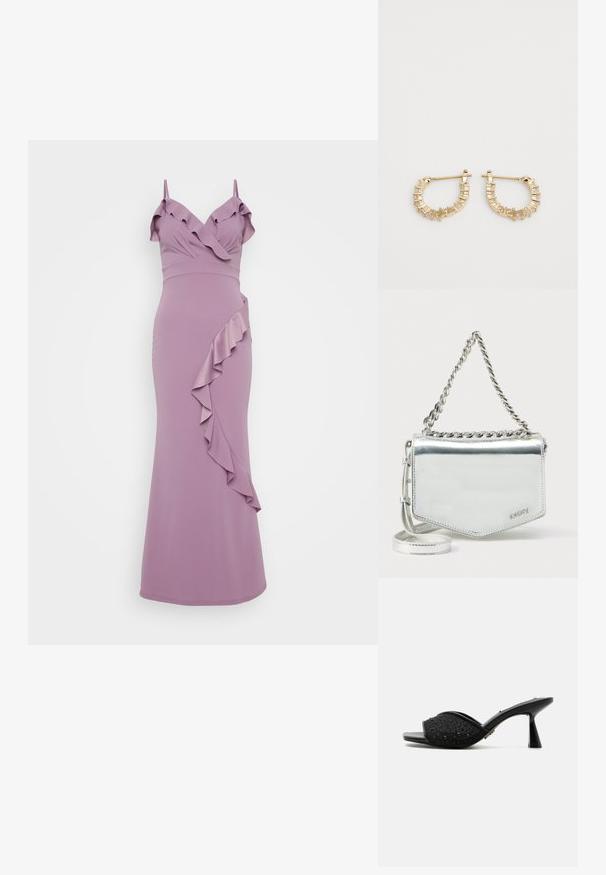 Lila Kleid mit Spaghettiträgern, das einen Rüschenausschnitt und eine diagonale Rüsche entlang der Seite aufweist. Glatte, figurbetonte Silhouette.; Schwarzer offener Zehenschuh mit Mesh-Obermaterial, verziert mit kleinen schwarzen Perlen und einem ausgestellten Blockabsatz.; Silberne, metallische Umhängetasche mit einer Kette als Träger, geometrischer Form, glatter Textur und Logodetail. Verfügt über einen Reißverschluss und Akzentnähte.; Goldene Creolen mit geripptem Design und kleinen klaren Kristallen am Rand, die eine strukturierte und reflektierende Oberfläche erzeugen.