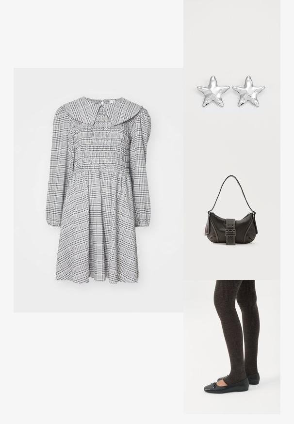 Vestido smock con mangas largas, cuello redondo, patrón a cuadros en gris y blanco, tela ligera y cintura fruncida para una silueta acampanada.; Piernas con leggings oscuros acanalados combinados con bailarinas negras que presentan pequeños detalles de lazo sobre un fondo blanco.; Bolso de hombro de cuero negro con detalle de correa con hebilla, bordes curvos y costuras blancas en contraste sobre un fondo liso.; Pendientes en forma de estrella plateada con una superficie pulida y brillante. Cada pendiente presenta cinco puntas y sutiles detalles de textura en la superficie.