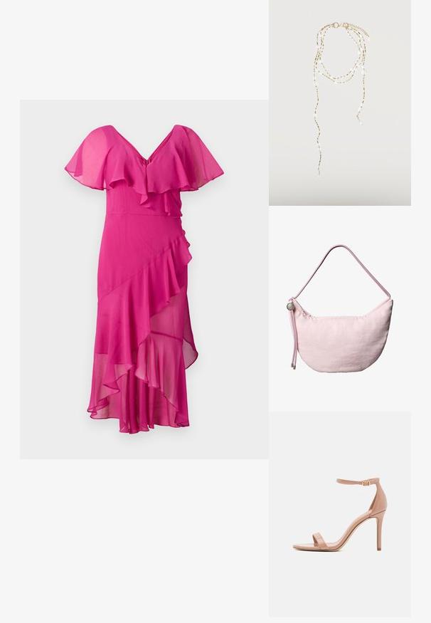 Fuchsia kjole med V-udskæring, flagrende ærmer og lagdelte volanger. Fremstillet af letvægtsstof, med asymmetrisk kant og struktureret fald.; Madden Girl BRAZEN - Sandaler - dark nude; Blød lyserød skuldertaske i halvmåneform med justerbar snorrem, metalstopper og diskret præget "cK" logo midt foran.; Delikat gyldent og klart perlekæde med dobbelt snor med små runde perler og dråbeformede vedhæng i enderne.