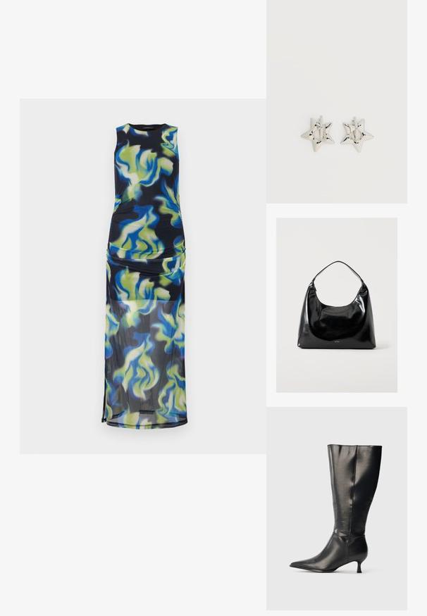 Robe maxi sans manches avec corsage ajusté et jupe transparente, présentant un motif abstrait de spirales bleues, vertes et jaunes sur fond noir.; Botte en cuir noire montant jusqu'au genou, avec un bout pointu et un petit talon bas, présentée sur un fond clair uni.; Sac à épaule noir brillant avec une seule bandoulière et un petit logo "RAID" en bas au centre sur un fond clair uni.; Boucles d’oreilles créoles en forme d’étoile argentée avec une finition lisse et polie sur un fond blanc uni.