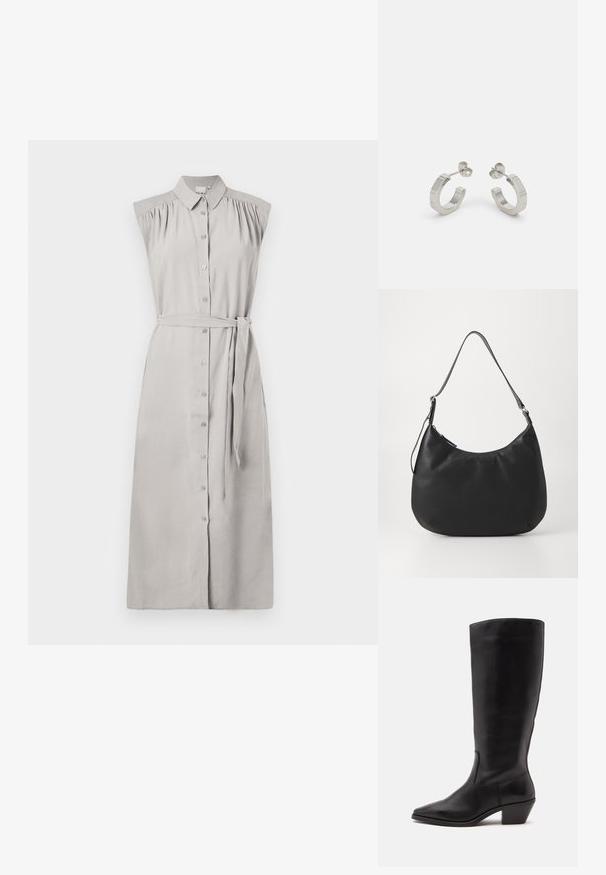 Robe shirt sans manches gris clair avec un devant boutonné, des détails froncés aux épaules, une ceinture à la taille et une coupe droite. Texture de tissu lisse.; Botte en cuir noire mi-mollet avec un bout pointu et un talon bas incliné sur un fond clair uni.; Sac hobo noir en matériau lisse et durable. Comprend une seule sangle réglable et un logo embossé subtil à l'avant.; Boucles d'oreilles en métal argenté avec un design texturé, dotées d'un petit fermoir et d'une marque sur une des hoops. Forme arrondie avec une finition polie.