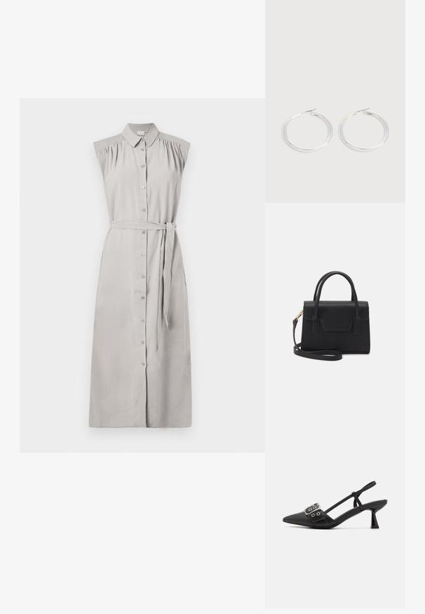 Lichtgrijze, mouwloze jurk met knopen aan de voorkant, geplooide schouderdetails, een tailleband en een rechte snit. Gladde stoftextuur.; Simmi London DALA - Klassieke pumps - black; Zwarte gestructureerde handtas van leer met een bovenhandvat, een afneembare schouderriem en een voorflapdetail. Gouden hardwareaccenten.; Een paar glanzende zilveren oorringen met dunne draadafsluitingen, getoond op een lichtgrijze achtergrond.