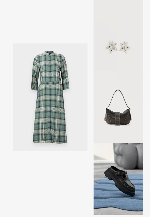 Largo vestido de cuadros en verde, con botonadura frontal, cuello, mangas tres cuartos y un cinturón en la cintura. Textura de tela suave.; Mocasín de cuero negro con suela gruesa de tacos y hebilla plateada, colocado en ángulo sobre una alfombra azul texturizada.; Bolso de hombro de cuero negro con detalle de correa con hebilla, bordes curvos y costuras blancas en contraste sobre un fondo liso.; Pendientes de aro plateados en forma de estrella con un acabado liso y pulido sobre un fondo blanco liso.