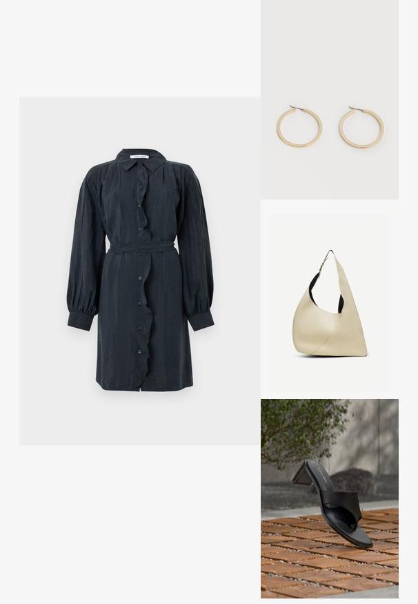 Schwarzes Longsleeve-Hemdkleid mit rüschenbesetzter Knopfleiste und tailliertem Gürtel. Aus strukturiertem Stoff gefertigt, mit puffärmel und klassischem Kragen.; Schwarze Calvin Klein Sandale mit Absatz und Zehenschlaufe auf einem Holzkachelfußboden im Freien neben einem Baum und einer Steinmauer.; Schultertasche aus cremefarbenem, glattem Leder mit geschwungener, dreieckiger Form und verstellbarem Riemen mit silberner Schnalle.; Paar mittelgroße, glatte Creolen in Goldton mit Scharnier-Verschlüssen auf einem einfarbigen hellen Hintergrund.