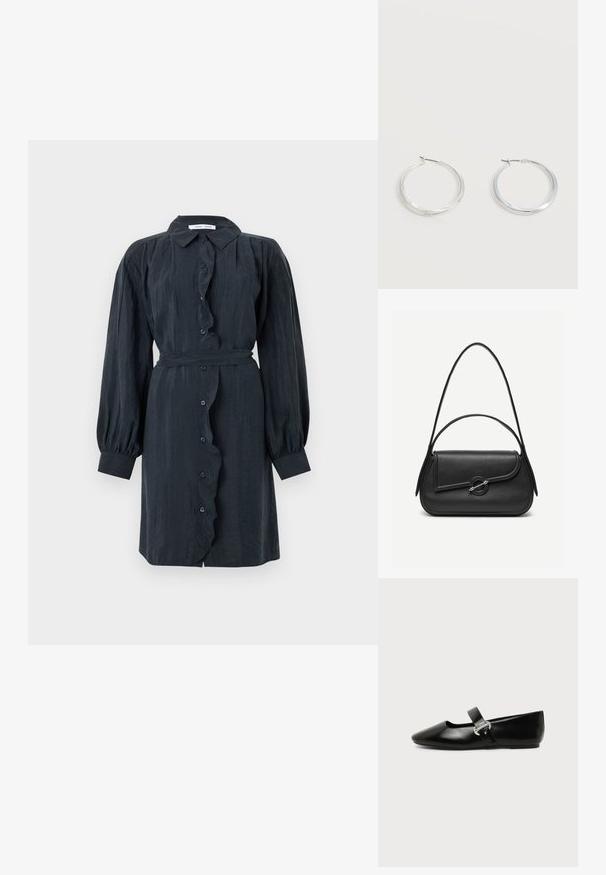 Robe noire à manches longues et à boutons avec un plastron volanté et une taille ceinturée. Fabriquée en tissu texturé, comportant des manches bouffantes et un col classique.; Chaussure plate Mary Jane en cuir noir avec bout arrondi et bride à boucle argentée sur fond uni.; Sac à main en cuir noir avec bords arrondis, rabat asymétrique, fermoir circulaire en métal, et des bandoulières courtes et longues.; Boucles d’oreilles créoles en métal argenté avec une surface lisse légèrement incurvée et des fermoirs à clapet sur un fond blanc uni.