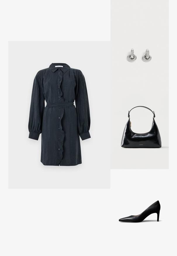 Schwarzes Longsleeve-Hemdkleid mit rüschenbesetzter Knopfleiste und tailliertem Gürtel. Aus strukturiertem Stoff gefertigt, mit puffärmel und klassischem Kragen.; Schwarzer Damenpumps aus Leder mit spitz zulaufender Schuhspitze und mittelhohem Absatz, von der Seite auf einem weißen Hintergrund gezeigt.; Schwarze, glänzende Calvin Klein Handtasche mit goldfarbenem Reißverschluss und kurzem Trageriemen vor schlichtem weißem Hintergrund.; Paar kleine, glänzende silberne Creolen mit rundem Sockel, auf einfachem hellem Hintergrund präsentiert.