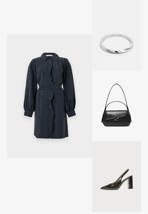 Robe noire à manches longues et à boutons avec un plastron volanté et une taille ceinturée. Fabriquée en tissu texturé, comportant des manches bouffantes et un col classique.; Chaussure slingback en cuir noir à bout pointu avec un talon bloc haut et une doublure intérieure beige sur un fond clair uni.; Sac à bandoulière en cuir noir avec un rabat incurvé fermé par un fermoir métallique rond et une sangle fine et ajustable.; Bracelet en métal argenté avec une surface lisse et brillante et des bords plats. Présente un design circulaire ouvert avec un détail de fermoir subtil.