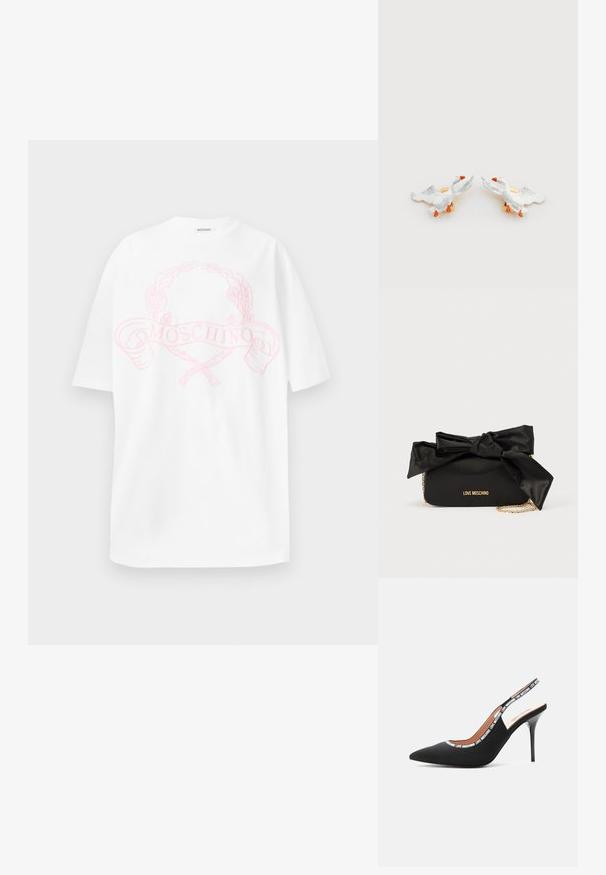 Hvid bomulds t-shirt med et pink grafisk design, der viser en laurbærkrans og teksten "MOSCHINO" centreret på forsiden. Korte ærmer, afslappet pasform.; Love Moschino LOGO TAPE - Højhælede pumps - black; Sort satin håndtaske med en stor sløjfedetalje på toppen, guldkæde-rem og præget "LOVE MOSCHINO" logo på forsiden.; Keramiske andeformede ørestikker med hvide kroppe, orange næb og guldfarvet metal, med hævede vinger og detaljerede teksturer.
