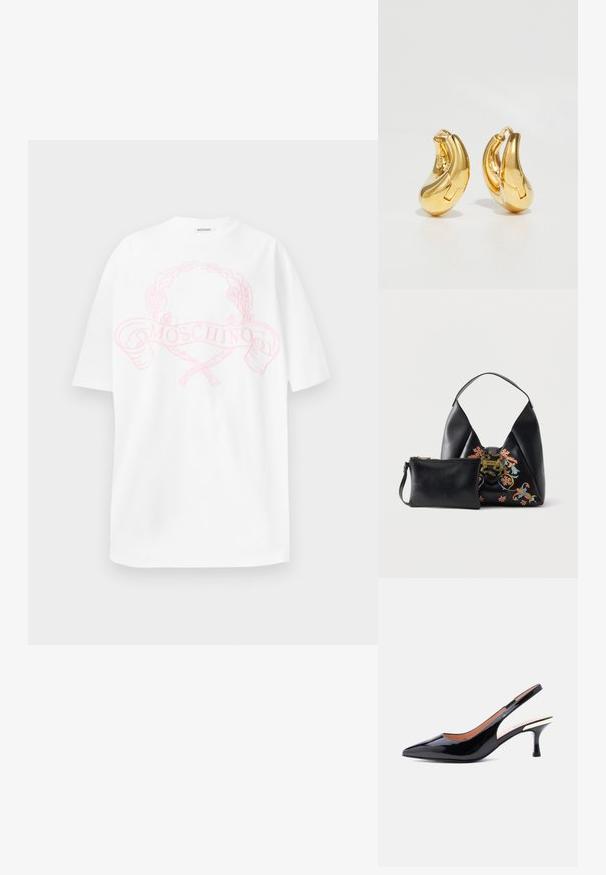 Weißes Baumwoll-T-Shirt mit einem rosa Grafikelement, das einen Lorbeerkranz und den Text "MOSCHINO" in der Mitte auf der Vorderseite zeigt. Kurze Ärmel, lockere Passform.; Schwarzer Slingback-Pumps aus Lackleder mit spitzer Kappe und mittelhohem Absatz, der in der Nähe der Ferse ein metallisches Detail aufweist.; Schwarze Lederhandtasche mit Blumenstickerei und goldenem Schlangenverschluss, begleitet von einer kleineren schwarzen Reißverschlusstasche im gleichen Design.; Goldene Creolen mit einer glatten, geschwungenen Form und polierter Oberfläche. Mit einem Verschlussmechanismus und leichten Einkerbungen für Details.