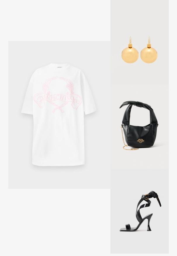 Hvid bomulds t-shirt med et pink grafisk design, der viser en laurbærkrans og teksten "MOSCHINO" centreret på forsiden. Korte ærmer, afslappet pasform.; Sorte patentlæder højhælede sandal med firkantet tå, ankelrem og guldlås på hvid baggrund.; Sort blød læder Love Moschino håndtaske med knyttet håndtag og guldkæde-strop på hvid baggrund.; Par af skinnende gyldne julekugleøreringe med krog-lukninger på en ensfarvet hvid baggrund.