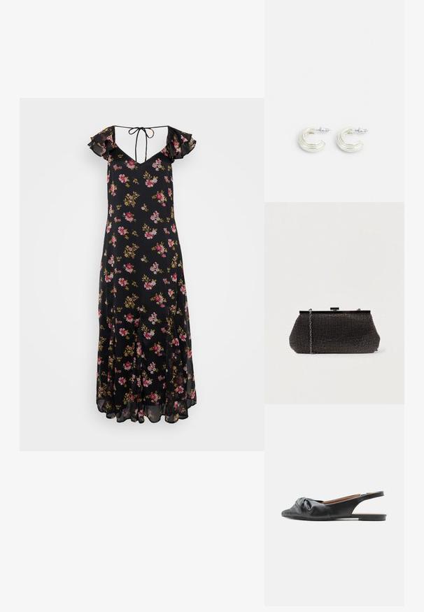 Schwarz gemustertes Kleid mit Rüschensäumen, tiefem V-Ausschnitt und Bindeband. Mit pinken und gelben Blumen auf einem leichten Stoff. Midi-Länge.; Schwarzer flacher Slingback-Schuh aus Leder mit gedrehtem Knotendetail über den Zehen und niedrigem Absatz, im Profil nach links gezeigt.; Schwarze Mesh-Clutch mit strukturierter Silhouette, verziert mit kleinen metallic-nieten, besitzt einen Verschluss mit Klappe und einen abnehmbaren Kettenriemen.; Ohrringe in silberfarbener Ausführung mit einem gedrehten Ohrringdesign, das eine strukturierte Oberfläche und gerippte Details aufweist, gesichert mit einem Steckverschluss.