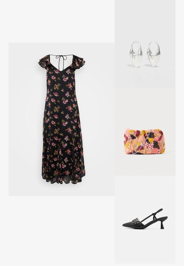 Sort blomsterkjole med ruffleærmer, dyb V-hals og snørelukning. Har pink og gule blomster på et letvægtsstof. Midi-længde.; Simmi London DALA - Pumps - black; Rektangulær clutchpung med flerfarvede teksturerede perler, pailletter og garn i pink, gul, bordeaux og sort med en tynd sølvkæde.; Otiumberg ROSCIDA HEART HOOPS - Øreringe - silver-coloured